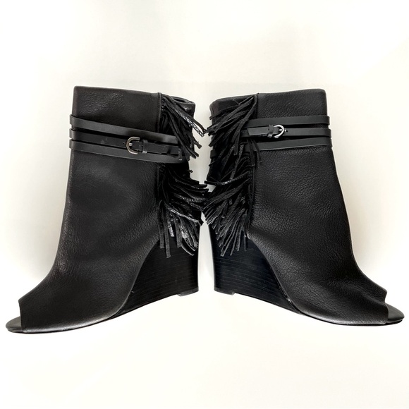 Rebecca Minkoff Black Fringe Stevie Peep Toe Wedge Booties Size 10 - Picture 7 of 15